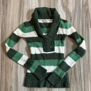 VTG Y2K Sweater  Shirt Top‎ Blouse Green White SZ M Striped Fuzzy Shawl Collar